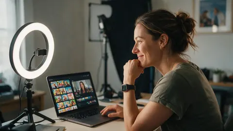 A creator with thumbnail images on her laptop