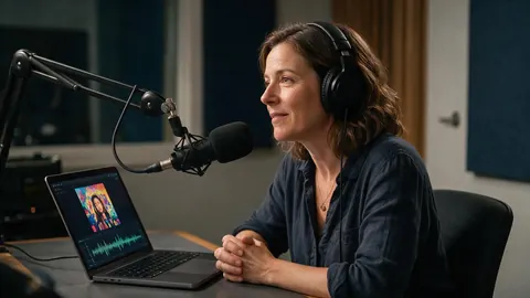 A podcaster with cover art and a waveform on her laptop