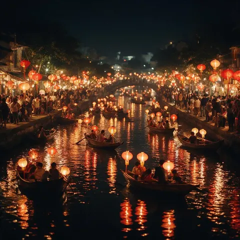 Night canal lit by red lanterns with wooden boats and warm reflections