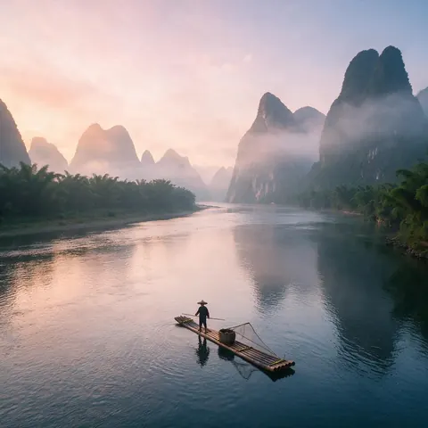 Misty karst mountains at sunrise with a bamboo raft on a winding river