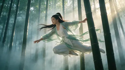 Wuxia film still of a martial artist in white robes leaping through a misty bamboo forest