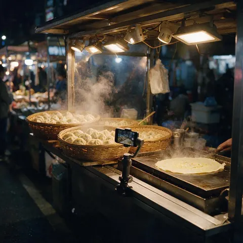 Phone on a gimbal filming steaming dumplings and crepes at a street food stall