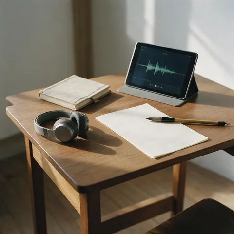 Study desk with headphones, ink brush, notebook and a tablet playing audio