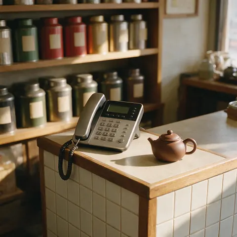 Tea shop counter with a desk phone in front of shelves of tea tins