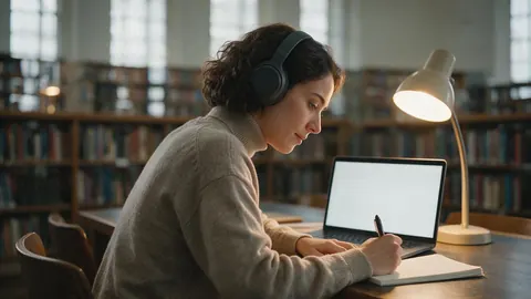 A student with headphones taking notes beside a laptop in a library