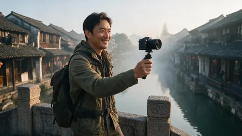 A vlogger filming himself on a stone bridge over a canal in a water town