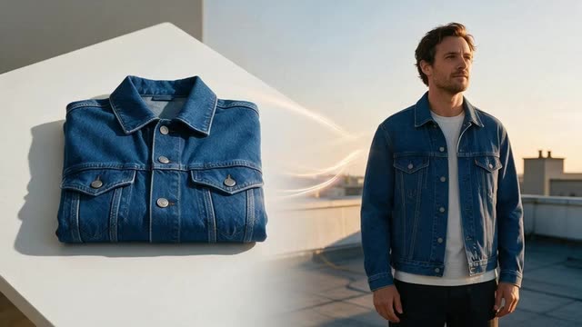 Looping clip of a folded denim jacket appearing on a man standing on a rooftop