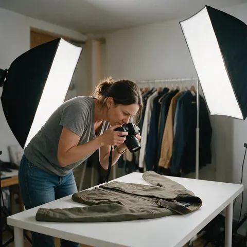 Store owner photographing a jacket flat lay in a home studio