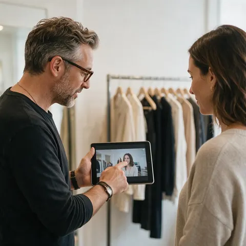 Stylist showing a client a video on a tablet in a fitting room