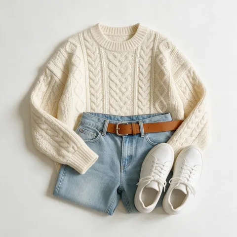 Flat lay of a cream sweater, jeans, belt and sneakers on white