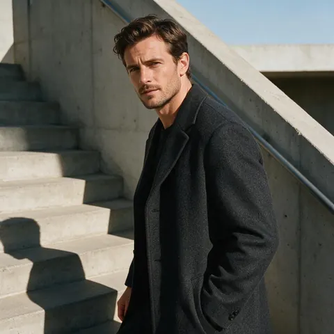 Man in a charcoal overcoat on concrete stairs in hard light