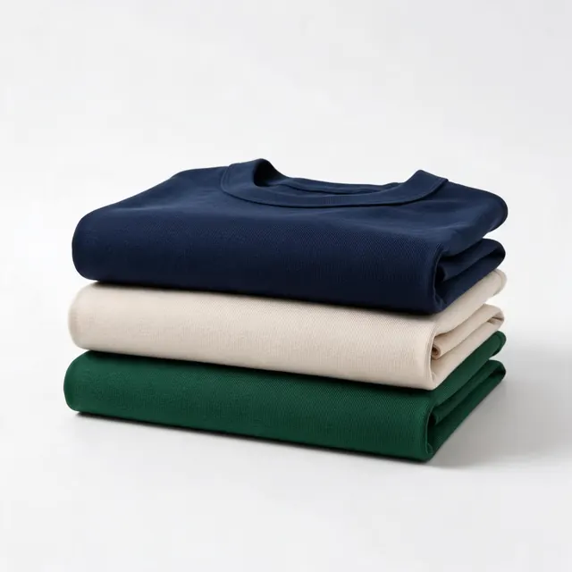 Tee stack on white: AI-generated studio-white ad image of three folded cotton crewneck tees