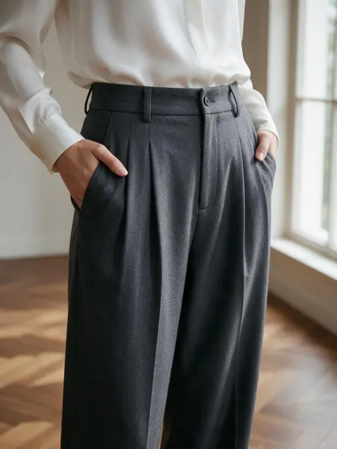 Pleated trousers, no face: AI-generated faceless ad of high-waist pleated grey wool trousers
