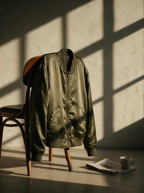Bomber jacket still life: AI-generated editorial still life of an olive bomber jacket draped on a chair