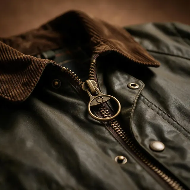 Waxed jacket detail: AI-generated macro close-up of a waxed cotton jacket's zip and cord collar