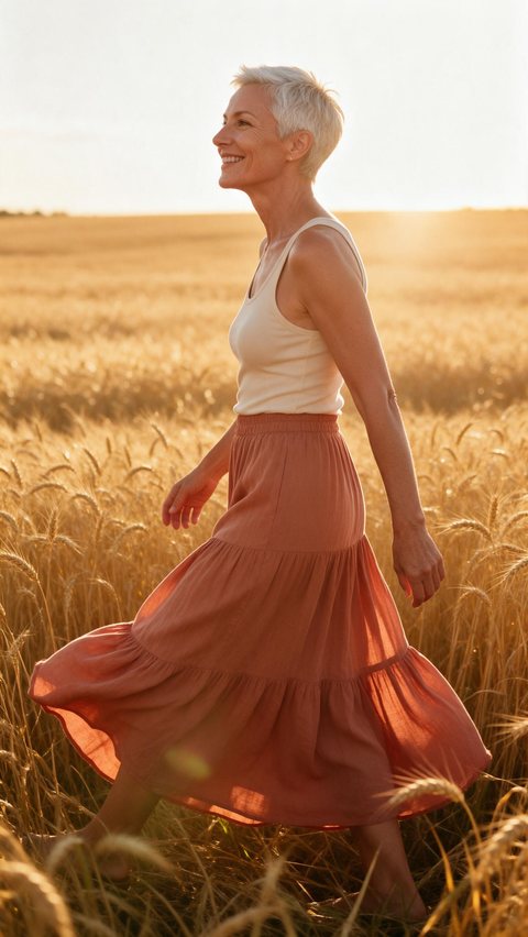 Maxi skirt golden-hour film: AI-generated lifestyle clip of a flowing terracotta maxi skirt in a wheat field