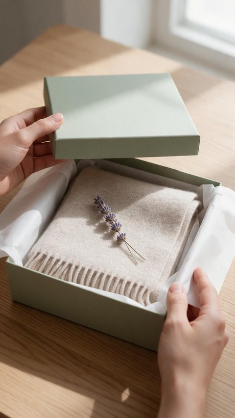 Cashmere scarf unboxing: AI-generated hands-only unboxing ad of a soft oatmeal cashmere scarf