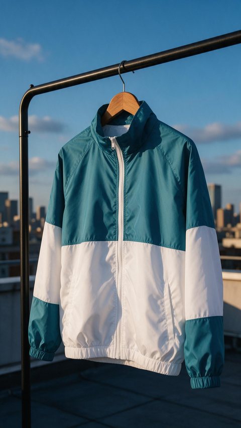 Windbreaker rooftop showcase: AI-generated product showcase of a teal windbreaker on a rooftop clothes rail