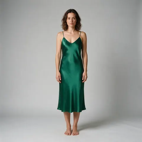 Woman in an emerald slip dress on a grey studio backdrop