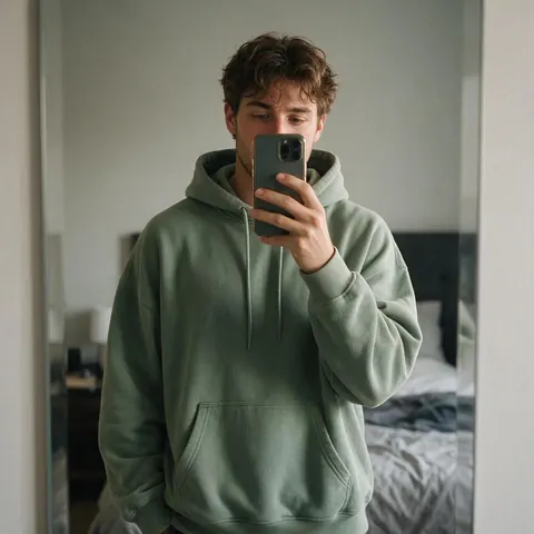 Man trying on a sage hoodie in a bedroom mirror