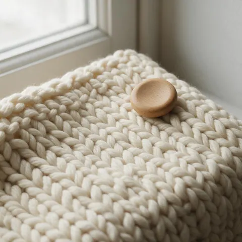 Close-up of cream hand-knit wool with a wooden button