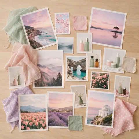 Printed moodboard of pastel images and swatches on a studio table