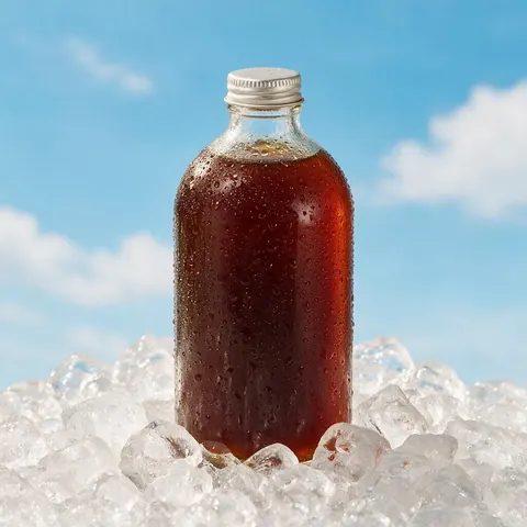 Unlabelled cold brew bottle on ice in bright summer light