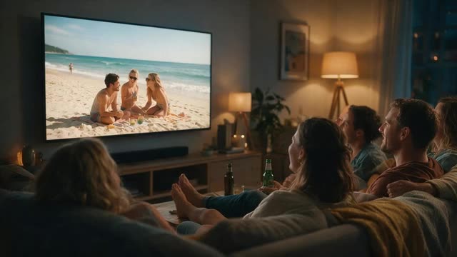 Looping living room clip: friends watch a crisp beach video on a large TV