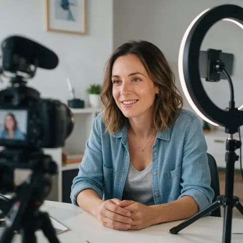 YouTuber at a desk with a camera and ring light