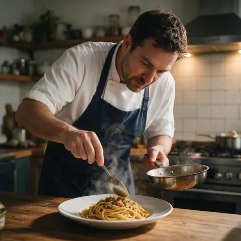 Chef plating pasta in a home kitchen