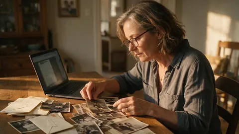 A family historian sorting old photos and letters at a table