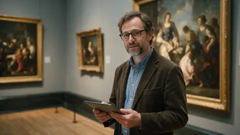 A museum educator in a gallery holding a tablet