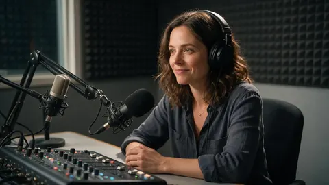 A podcast producer at a mixing desk with two microphones
