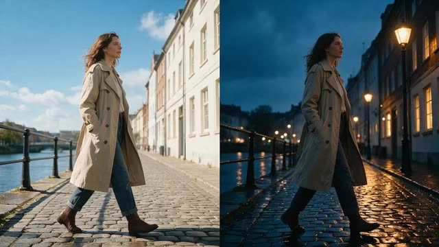Looping clip of a sunny riverside street turning into a rainy night as a woman walks