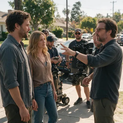 Director filming two actors on a sunny street with a small crew