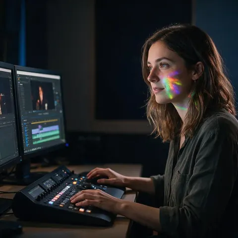 Video editor working at a dark edit suite with two monitors