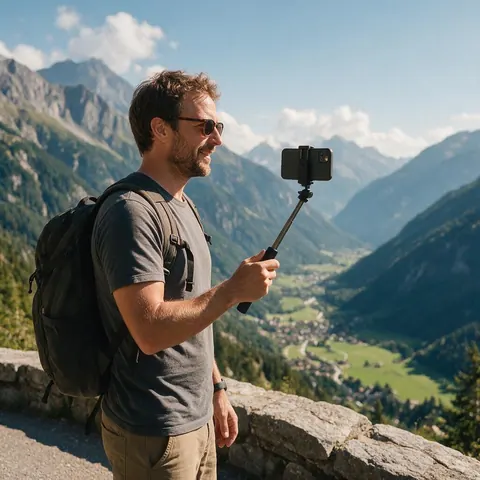 Travel creator filming at a mountain viewpoint in daylight
