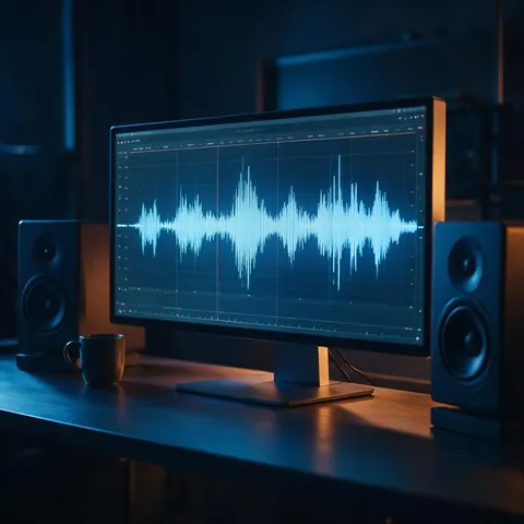 Editing monitor with a cinematic trailer timeline and a heavy audio waveform