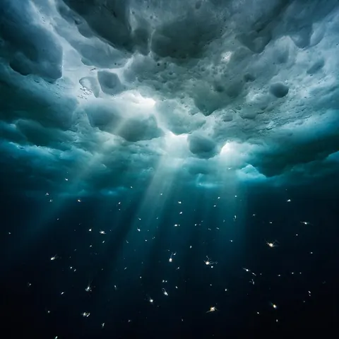 Under-ice scene with light shafts and small glowing creatures in dark water
