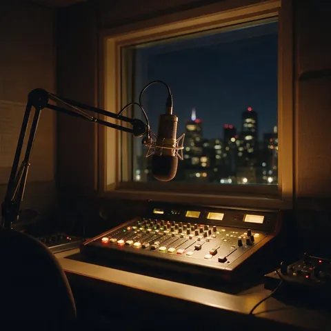 Midnight radio studio with a microphone and glowing console above a city skyline