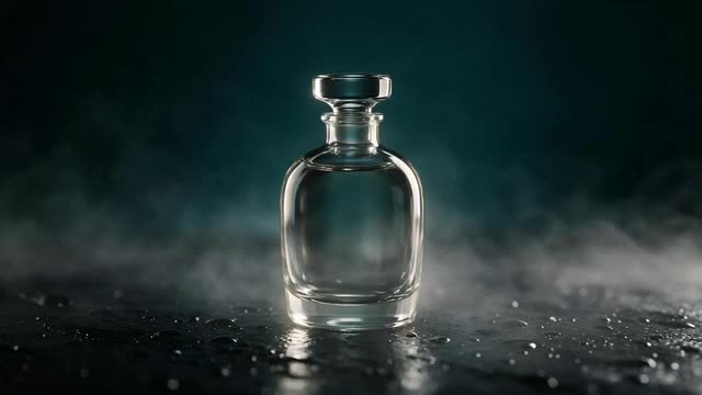 Mist drifting around a glass perfume bottle