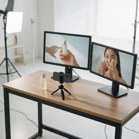 Desk with a skincare bottle and monitors showing product videos