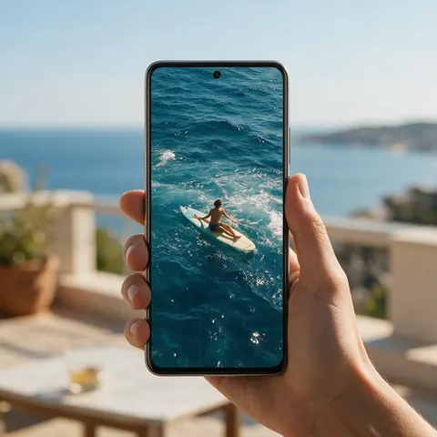 Phone showing a travel video on a sunny terrace
