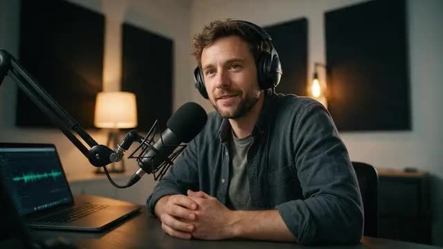 Looping clip: a podcaster speaking into a studio microphone