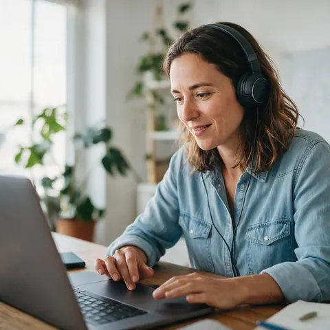 Course creator listening on headphones at a laptop in a home office