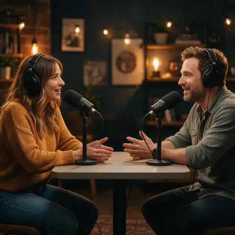 Two podcast hosts talking into microphones in a cosy studio