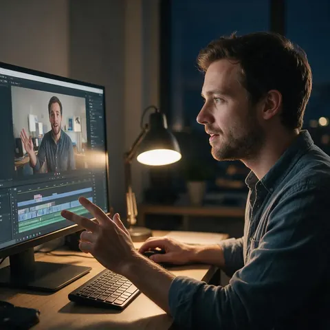 Explainer creator reviewing a video on a monitor at night
