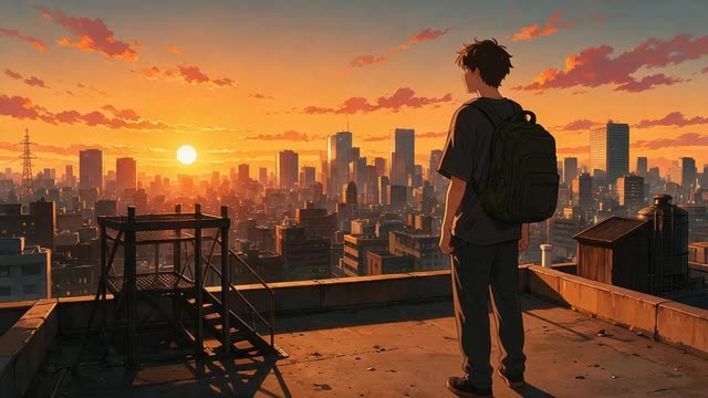 Anime rooftop scene at sunset with drifting clouds