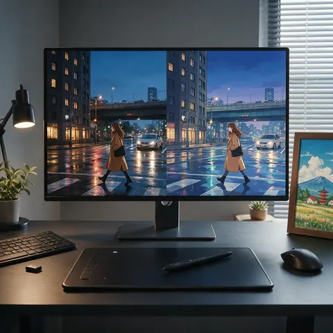 Monitor showing a street video next to its anime version