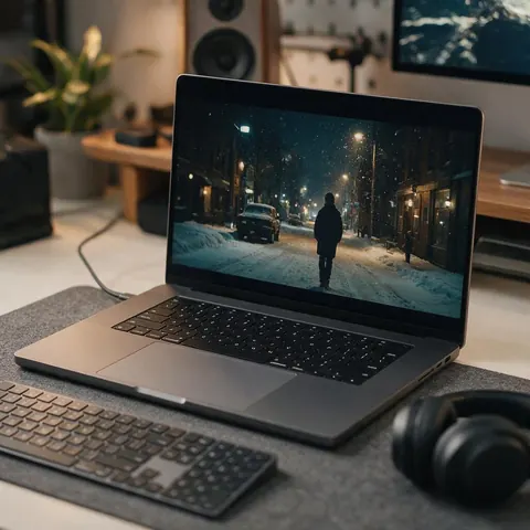 Laptop showing a snowy night video in a home studio